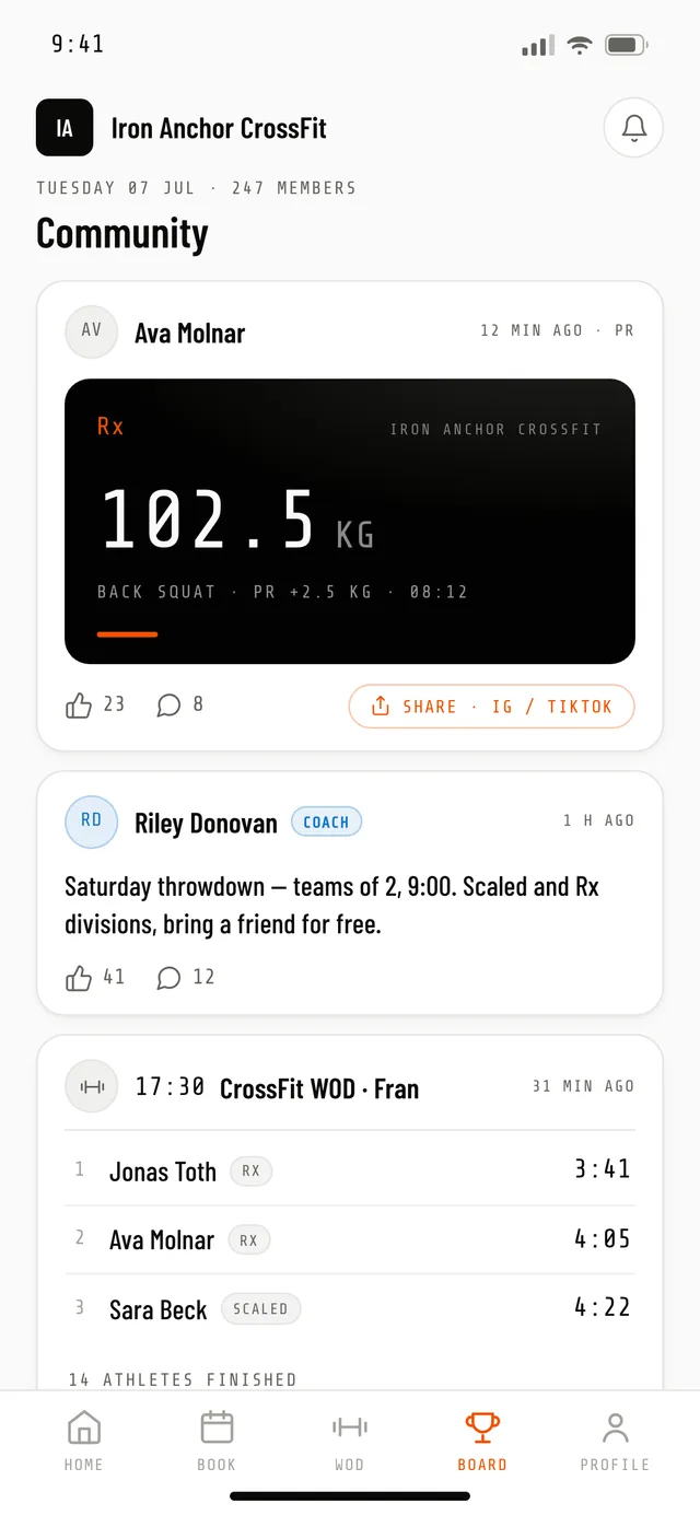 The gym community feed: a PR share card, a coach announcement, and a class recap