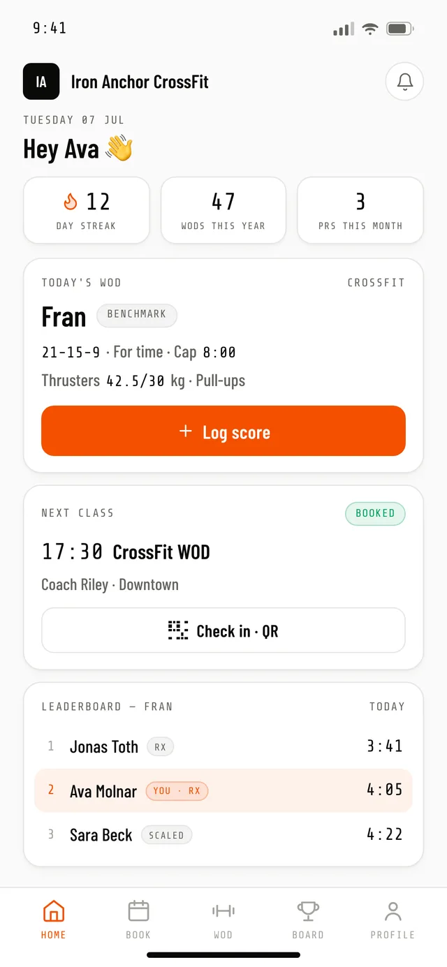 The member home screen: today's WOD, next class, streaks, and the leaderboard