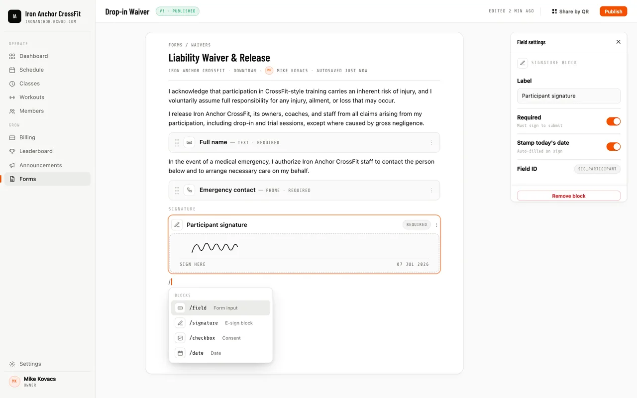 The waiver editor: slash commands, signature blocks, starter templates, and QR share for drop-in signing
