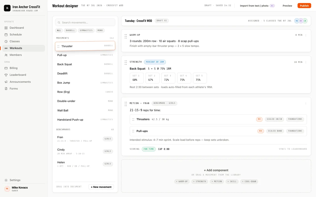 The workout designer: six component types, a movement database with equivalences, and versioned edits
